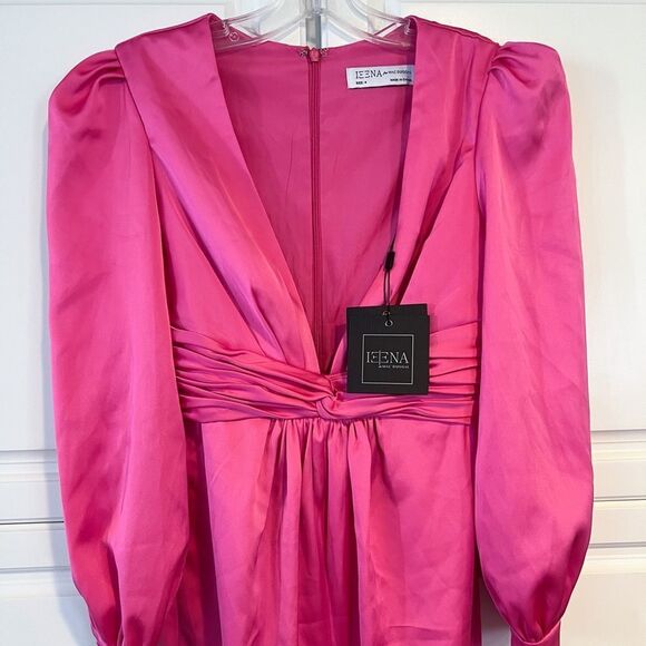 IEENA Mac Duggal Fuchsia Plunge Neck Long Sleeve Satin Jumpsuit NWT Size 4 - Picture 3 of 4